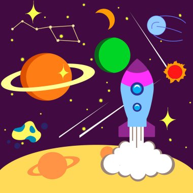 Bir kuyruklu yıldız, görüntü ile parlak kart uzay roketleri, gezegenler, illüstrasyon vektör.