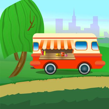 Bir café central Park'ta bir şemsiye ile sokak gıda kamyon. Fast food teslim. Vektör çizim