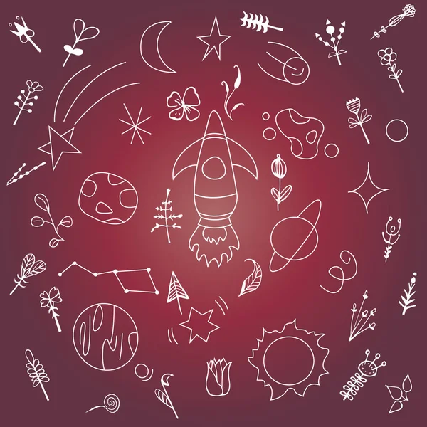 Espacio Brillante Tarjeta Con Imagen Cometa Estrellas Cohetes Planetas Ilustración — Vector de stock