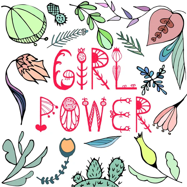 Girl Power Vector Ilustrasi Dengan Huruf Dan Indah Gambar Tangan - Stok Vektor