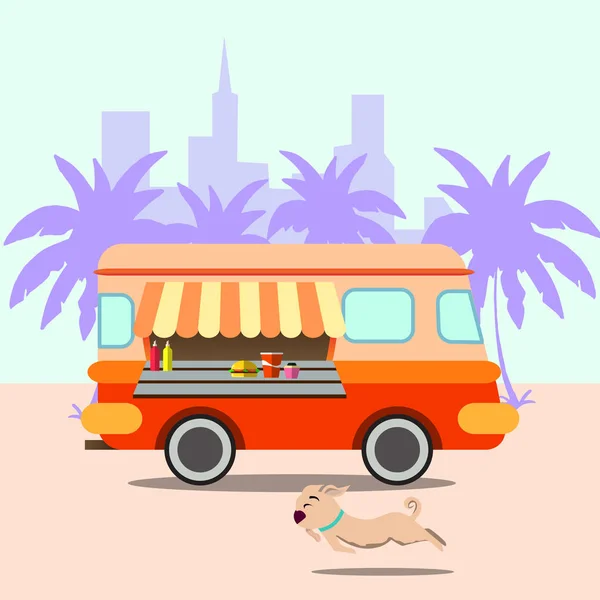 Streetfood Truck Mit Café Regenschirm Fast Food Lieferung Vektorillustration — Stockvektor