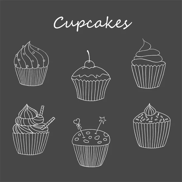 Ilustração Cupcake Vetorial Conjunto Cupcakes Desenhados Mão Bolos Doodle Com — Vetor de Stock