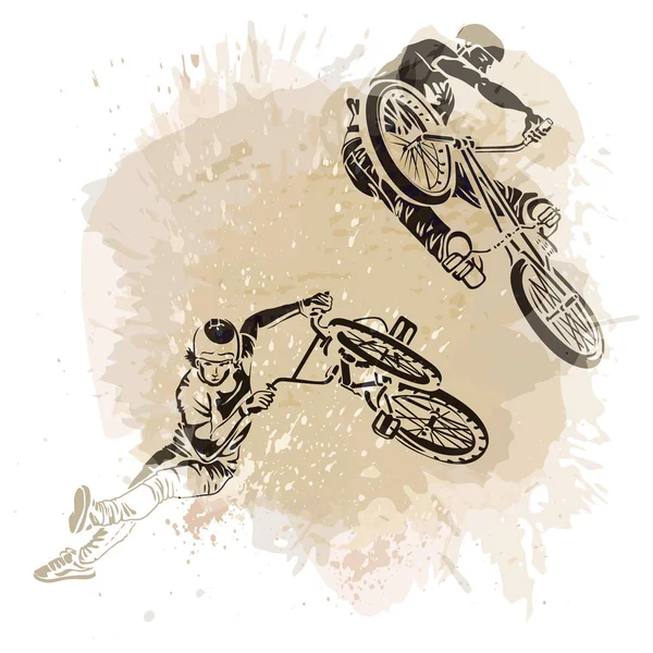 Fahrradfahrer springt auf künstlerisch abstraktem Hintergrund. — Stockvektor