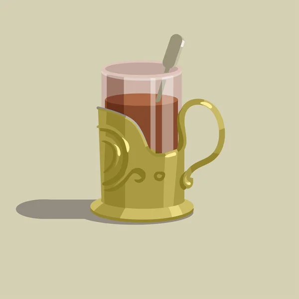 Copa de vidrio con té en un portavasos de oro — Vector de stock