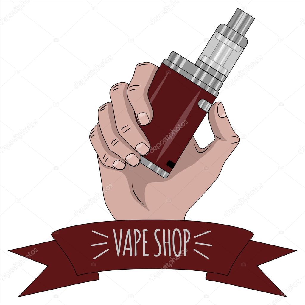 Hand with a vape on a white background and ribbon.