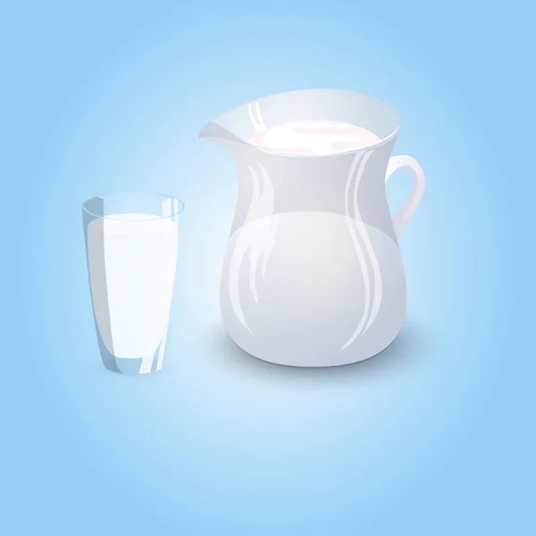 Jarra de vidrio y vaso lleno de leche — Vector de stock