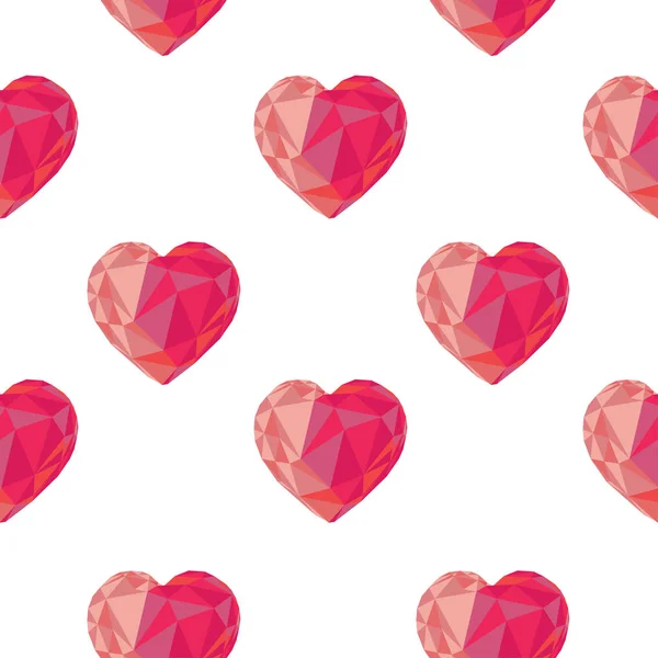 Low-Poly-Kristall leuchtend rosa Herzen nahtloses Muster. — Stockvektor