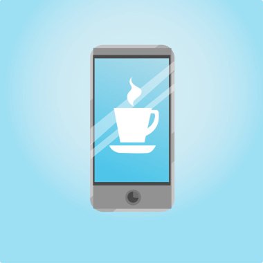 Bir fincan kahve üstünde belgili tanımlık perde ile akıllı telefon simgeleri