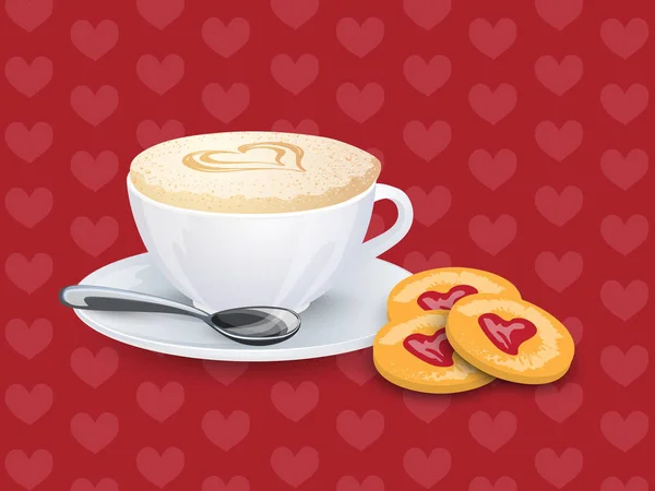 Чашка с кофе, ложкой и печеньем по образцу с сердцами — стоковый вектор