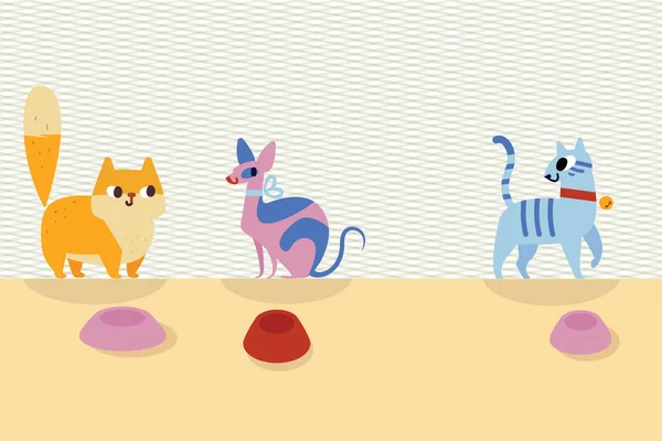 Три різні мультяшні коти і миски поруч з ними — стоковий вектор