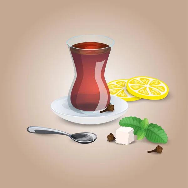 Una taza de té. Negro, menta, té de limón, cuchara de té. Ilustración para café, menú, lista de restaurantes. Rebanadas de azúcar y limón . — Vector de stock
