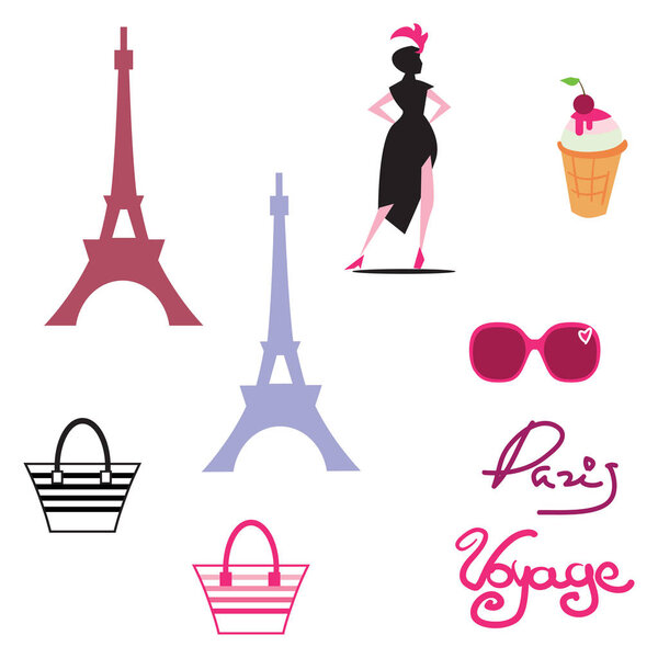 Париж изолированный икона на парижскую тему с хорошо известными знаками и элементами франции
