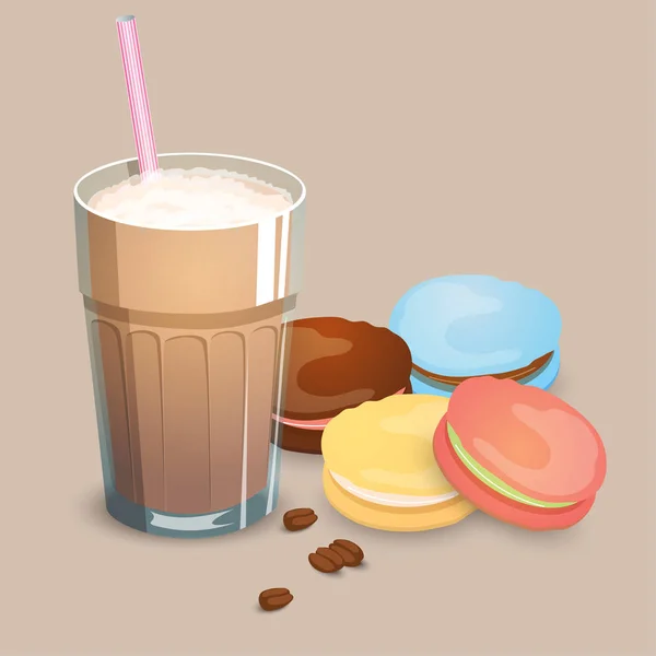 Copa con bebida de café, macarrones y frijoles — Vector de stock