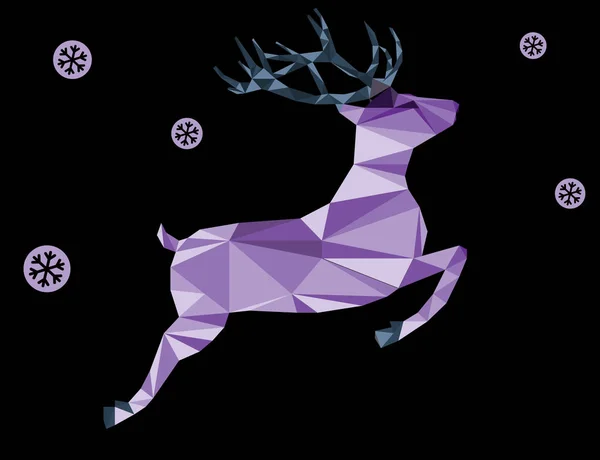 Purple deer of triangle shapes and snowflakes on a white background — Stock Vector