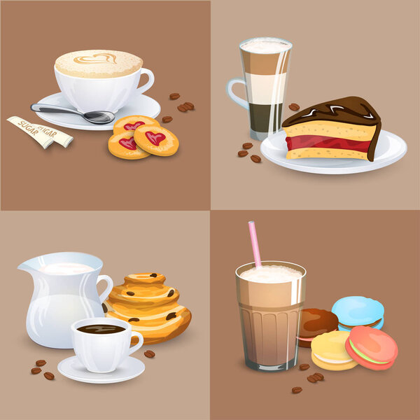 Set of Coffee drinks, sweets and bakery products
