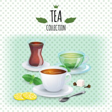 Çay toplama illüstrasyon. Farklı stilleri bardak ve cam. Nane, siyah, yeşil ve oryantal çay.