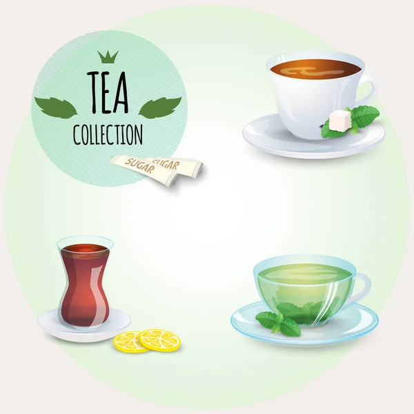 Tea collection illustration. Different styles cups and glass. Mint, black, green and oriental tea. — Stock Vector