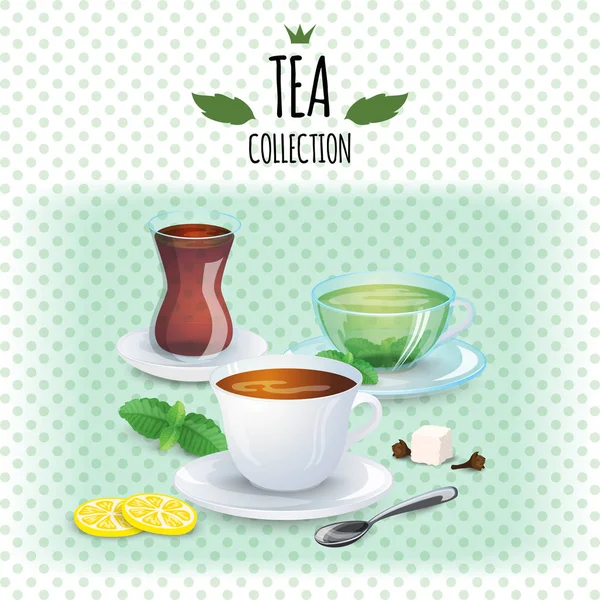 Tea collection illustration. Different styles cups and glass. Mint, black, green and oriental tea. — Stock Vector