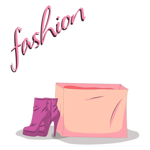 Sapatos de mulher na moda e saco cor-de-rosa e moda sinal manuscrito —  Vetores de Stock
