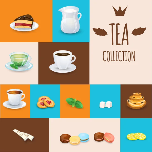 Conjunto de bebidas de té, dulces y productos de panadería . — Vector de stock