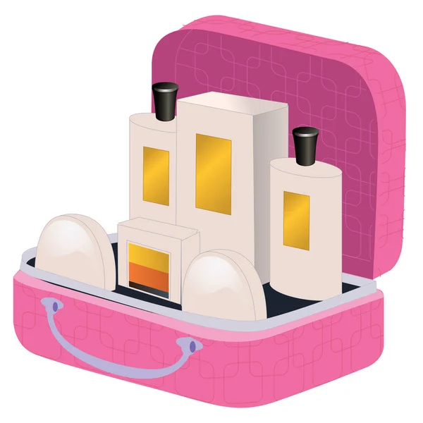 Parfüm ve kozmetik içinde pembe çantayla — Stok Vektör