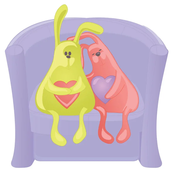 Dos conejos de juguete con corazones en un sillón — Vector de stock