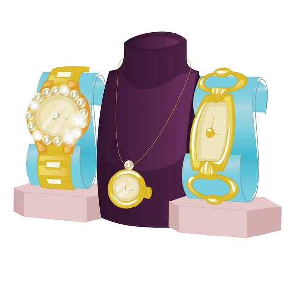 Busts and Jewelry and a gold watch isolated on a black background. — Stock Vector
