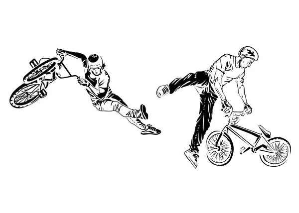 Beyaz arka planda motorcular. Ekstrem temalı modern baskı. Vektör tasarım elemanları. Beyazda izole edilmiş