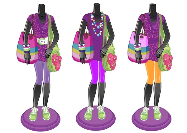 Ilustración de tres maniquíes negros con desgaste multicolor brillante. Ilustración de moda. Modelos de moda . — Vector de stock