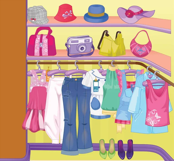 Gardırop için bezler. Giyim, çanta, kutuları ve ayakkabı ile dolap. Alışveriş zamanı.