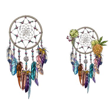 Elle çizilmiş süslü Dreamcatcher tüyler, değerli taşlar ile. Kartıyla sanat, Astroloji, maneviyat, sihirli sembolü. Etnik kabile öğesi