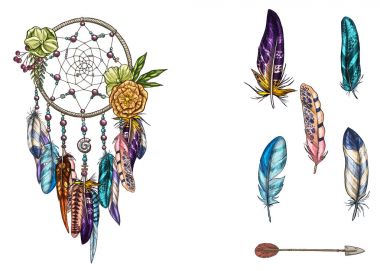 El tüyler, değerli taşlar ve ok ile süslü Dreamcatcher çekilmiş. Kartıyla sanat, Astroloji, maneviyat, sihirli sembolü. Etnik kabile öğesi