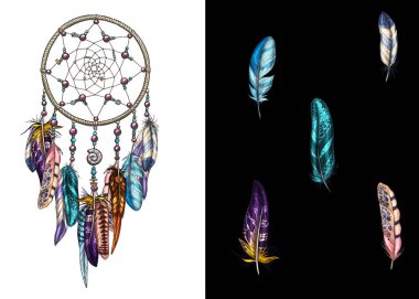 Elle çizilmiş süslü Dreamcatcher tüyler, değerli taşlar ile. Kartıyla sanat, Astroloji, maneviyat, sihirli sembolü. Etnik kabile öğesi