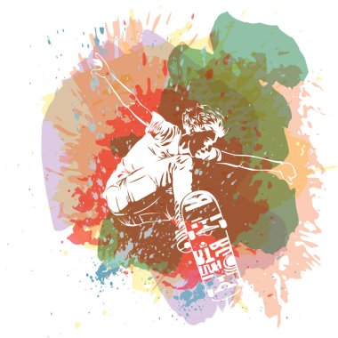 Atlamayı kaykaycı nokta sıçrama suluboya stili arka planda ile boyayın. Paten ve kaykaylar simgesi. Aşırı Tema modern Yazdır.