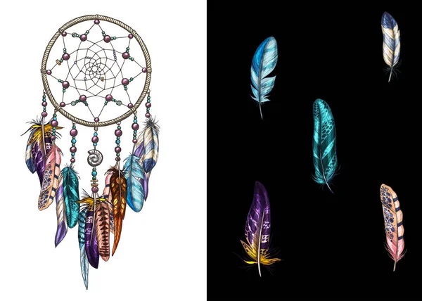 手绘华丽捉着羽毛，宝石。与艺术、 占星术、 灵性、 魔法符号的卡。民族部落元素 — 图库矢量图片