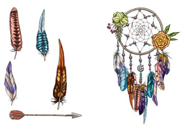El tüyler, değerli taşlar ve ok ile süslü Dreamcatcher çekilmiş. Kartıyla sanat, Astroloji, maneviyat, sihirli sembolü. Etnik kabile öğesi