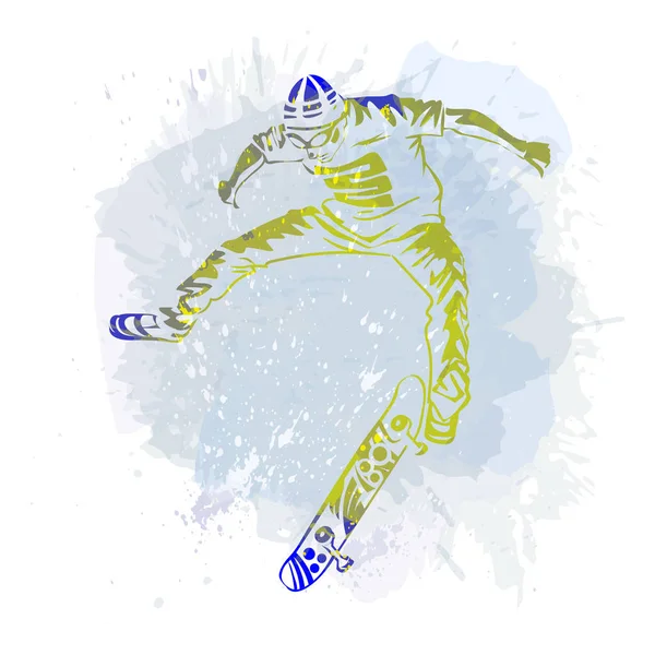 Skateboarder springen op verf vlek met splash in aquarel stijl achtergrond. Pictogram voor schaatsen en skateboards. Extreme thema moderne afdrukken. — Stockvector