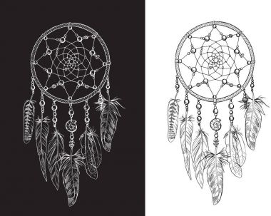 Elle çizilmiş tüyler, değerli taşlar ile süslü Dreamcatchers. Astroloji, maneviyat, sihirli sembolü. Etnik kabile öğesi.