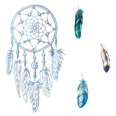 Elle çizilmiş süslü Dreamcatcher tüyler, değerli taşlar ile. Astroloji, maneviyat, sihirli sembolü. Etnik kabile öğesi.