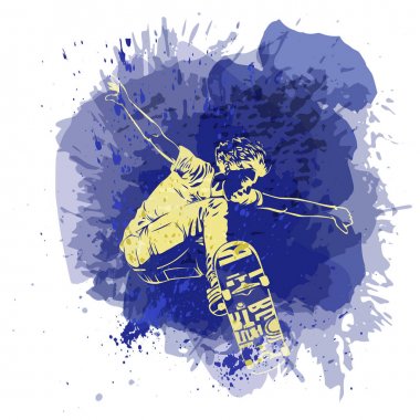 Atlamayı kaykaycı nokta sıçrama suluboya stili arka planda ile boyayın. Paten ve kaykaylar simgesi. Aşırı Tema modern Yazdır.