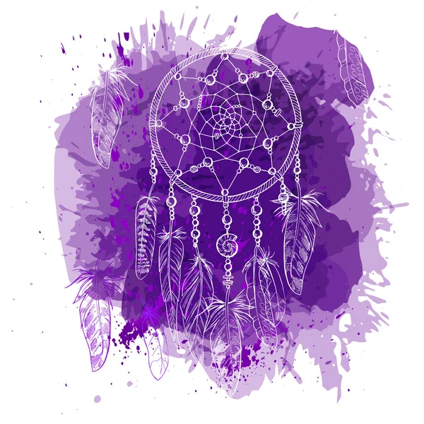 Ručně tažené zdobené Dreamcatcher s peřím, drahokamy na úvodní akvarel styl pozadí. Astrologie, spiritualita, magický symbol. Etnické kmenové prvek. — Stockový vektor