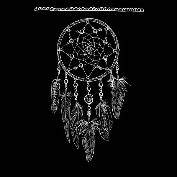 Ručně kreslené ornamenty Dreamcatcher s peřím, drahokamy. Astrologie, spiritualita, magický symbol. Etnické kmenové prvek. — Stockový vektor