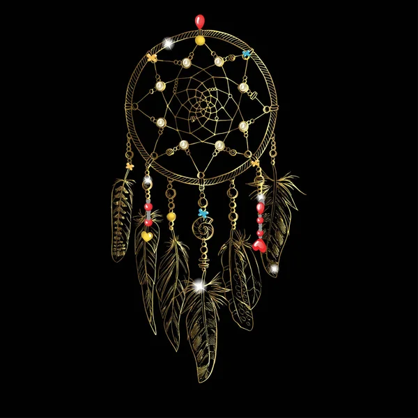 Gouden luxe sierlijke Dromenvanger met veren, edelstenen. Astrologie, spiritualiteit, magisch symbool. Etnische Tribal element. — Stockvector