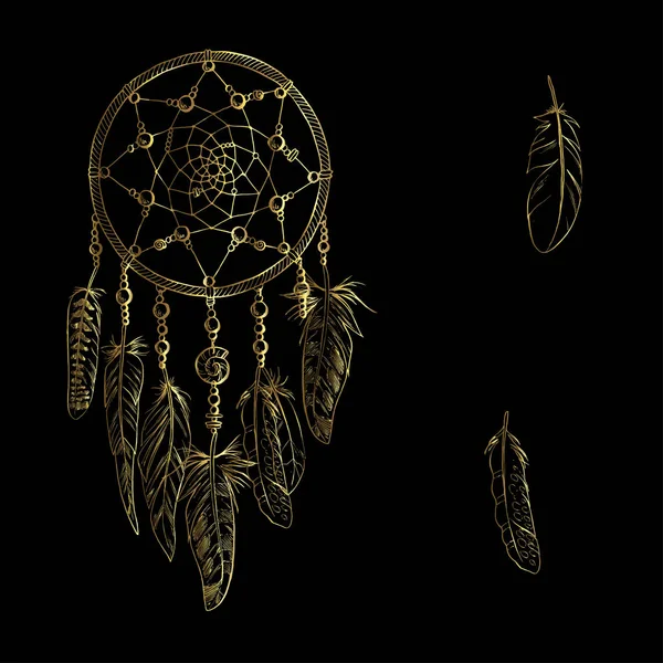 Gouden luxe sierlijke Dromenvanger met veren, edelstenen. Astrologie, spiritualiteit, magisch symbool. Etnische Tribal element. — Stockvector