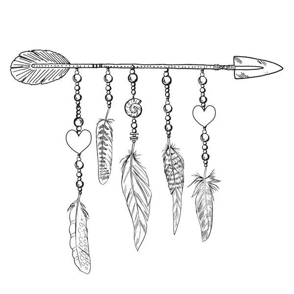 Boho öğeleri. Vektör çizim tüyler, ok ve zincirleri. Süs kuş tüyleri beyaz izole.