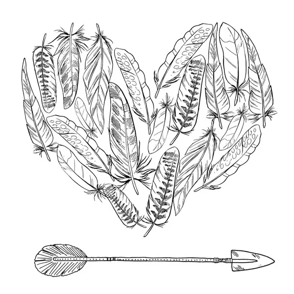 Elementos Boho. Ilustração vetorial Coração de penas e flecha. Penas de aves ornamentais isoladas sobre branco . —  Vetores de Stock