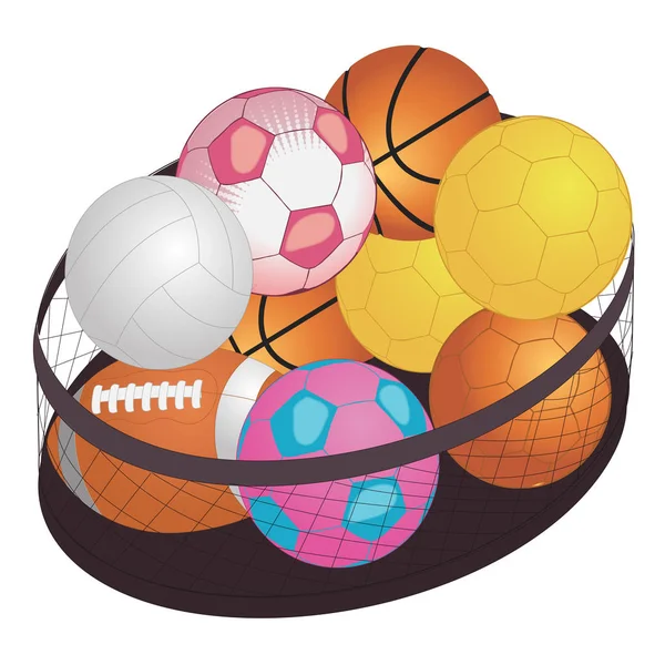 Bolas de jogo diferentes Na grande cesta isolada em branco —  Vetores de Stock