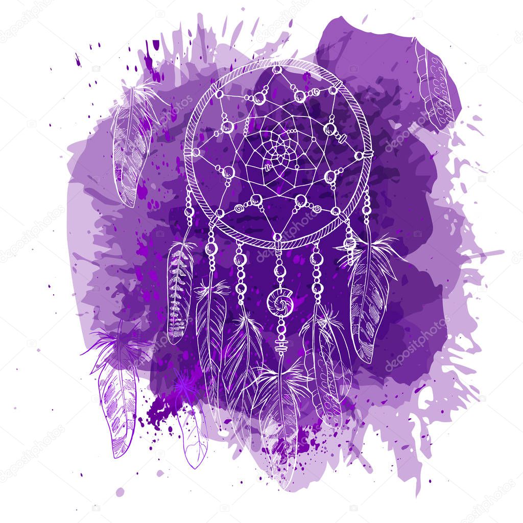 Hand drawn ornate Dreamcatcher with feathers, gemstones on splash in watercolour style background. Astrology, spirituality, magic symbol. Ethnic tribal element.