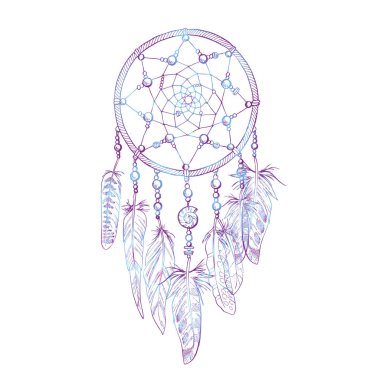Elle çizilmiş süslü Dreamcatcher tüyler, değerli taşlar ile. Astroloji, maneviyat, sihirli sembolü. Etnik kabile öğesi.