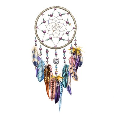 Elle çizilmiş süslü Dreamcatcher tüyler, değerli taşlar ile. Astroloji, maneviyat, sihirli sembolü. Etnik kabile öğesi.